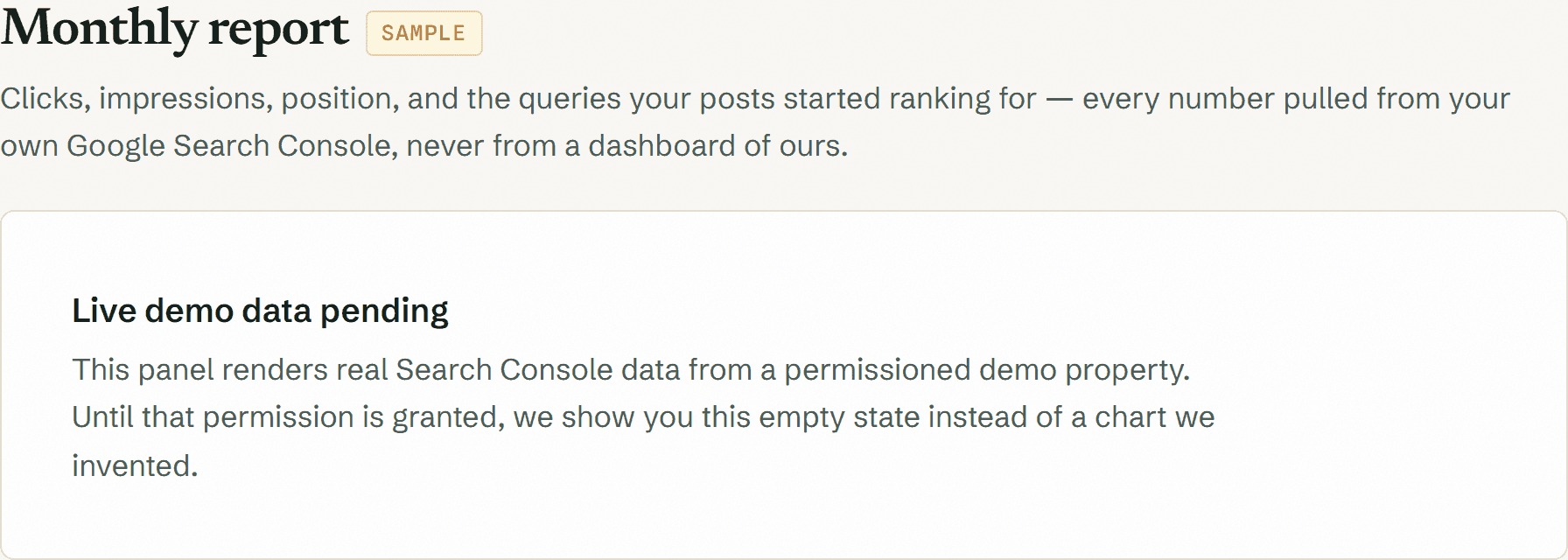 The monthly report screen, built from Search Console data