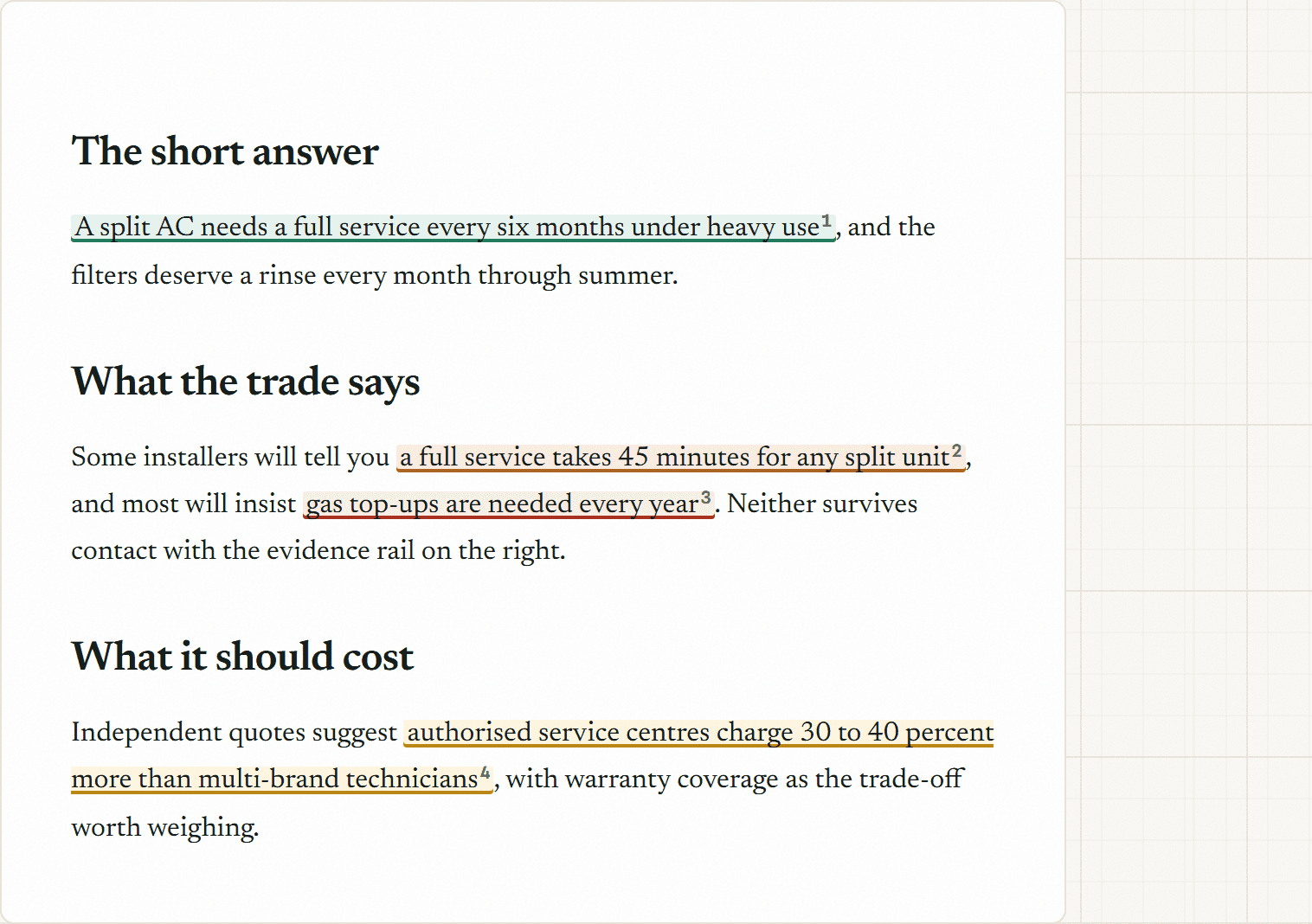 A draft in the review screen with inline highlighted claims, ready for approval
