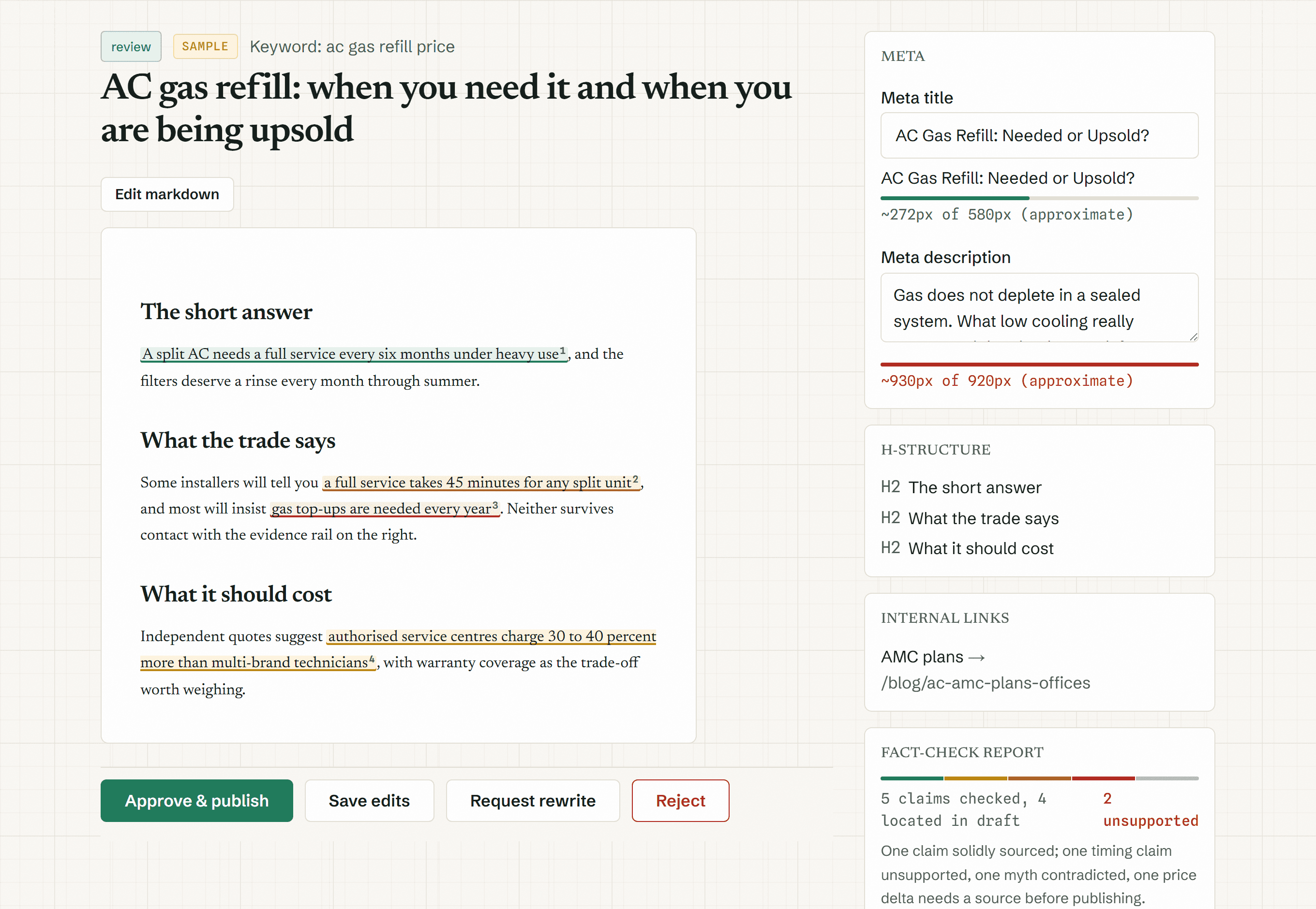 The BloggerClinic review screen showing a draft with inline highlighted claims and the evidence rail