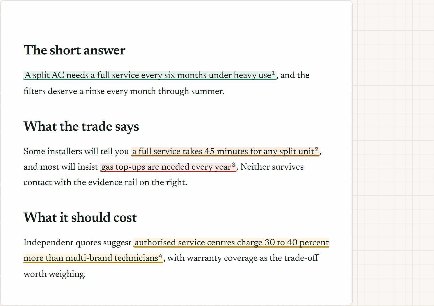 A generated draft in the review screen, with factual claims highlighted inline in verdict colours